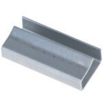 Angled view of a smooth, shiny gray metal U-shaped channel bracket compatible with MH-USA 5/8 Open/Snap On Metal Poly Strapping Seals (1000/Case) for secure fastening.