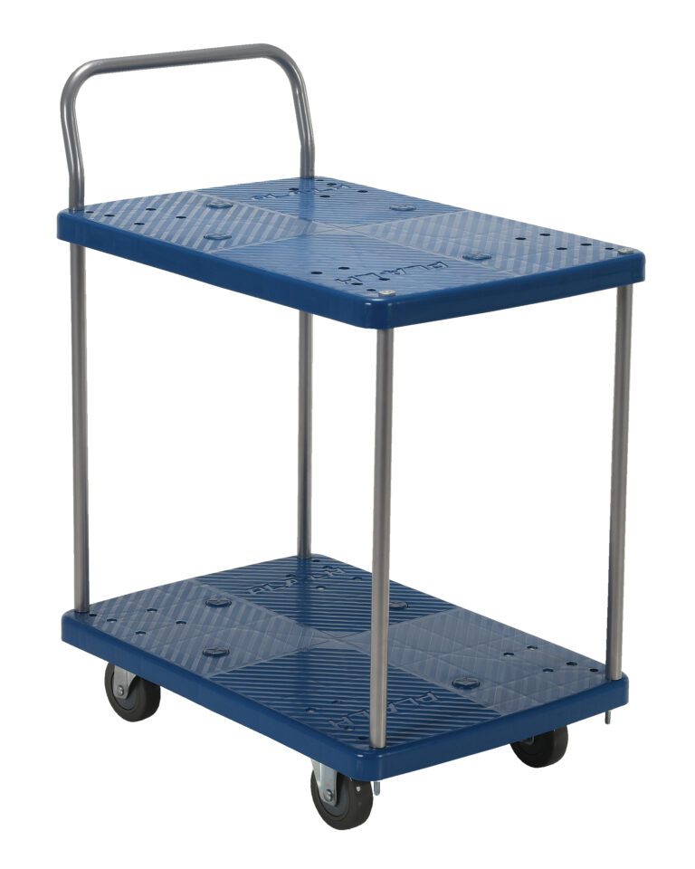 PSC-1828-2_A.jpg The Vestil Plastic Platform Truck-2 Shelf 500 Lb, in blue, includes two ribbed platforms for added grip, metal handles, and four swivel wheels, ideal for transporting items across various settings.