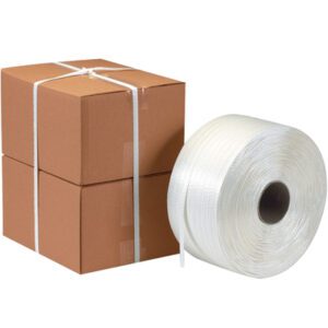 Two brown cardboard boxes are stacked, secured with MH-USA 1/2 x 3900 Poly Cord Strapping. Beside them is a large roll of the same white strapping tape with a black core.