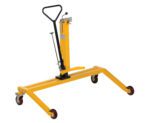 The Vestil Pallet Straddling Drum Truck 550 Lb, in yellow with a black handle, is designed for moving and lifting heavy items. It features a 550 lb capacity, four wheels for easy mobility, and a sturdy metal frame with a vertical lifting mechanism.