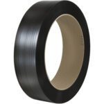 A coil of 7/16 x 9000 black polypropylene strapping with a 16 x 6 core, suitable for hand-grade use and comparable to Signode®, is displayed against a white background.
