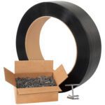 A large roll of black strapping from the MH-USA Jumbo General Purpose Poly Strapping Kit (1/2W x 9000L) is upright beside an open box of metal clips, with two clips in front.