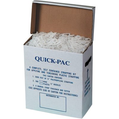 PSPAKIT.jpg An open QUICK-PAC cardboard box, labeled with MH-USA Postal Approved Poly Strapping Kit (1/2W x 3000L), has instructions on the side and is partially filled with white plastic strapping peeking from the top.