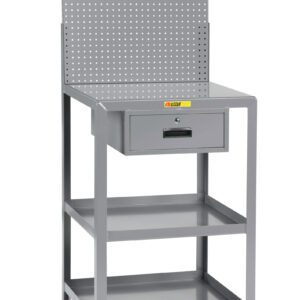 The Little Giant Shop Desk is a gray metal workbench with a perforated pegboard back, lockable drawer, and two shelves. It stands on four sturdy legs with adjustable feet, offering functionality and durability for any workspace.