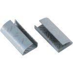Two silver metal sleeves, similar to MH-USA 5/8 Serrated Open/Snap On Polyester Strapping Seals (1000/Case), have one open and one closed end with a zigzag interior. These smooth, reflective pieces seem to act as cable or wire connectors.
