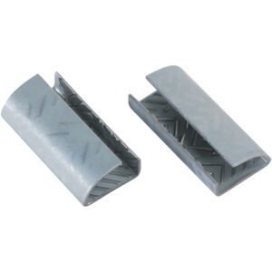 Two silver metal sleeves, similar to MH-USA 5/8 Serrated Open/Snap On Polyester Strapping Seals (1000/Case), have one open and one closed end with a zigzag interior. These smooth, reflective pieces seem to act as cable or wire connectors.