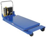 The Vestil Hd Portable Scissor Lift Table 2K 58 In combines modern utility and design, showcasing a blue industrial platform cart with a handlebar, four wheels, and a black control box with yellow coiled cables. Its sturdy rectangular platform is ideal for heavy-duty tasks.