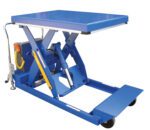 The Vestil Hd Portable Scissor Lift Table 2K 24X48 is perfect for lifting and lowering heavy loads with its hydraulic table featuring a robust cylinder, control lever, and wheels for easy mobility.
