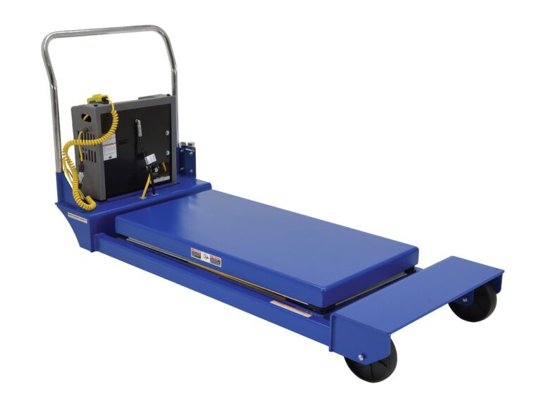 The Vestil HD Portable Scissor Lift Table 3K 24X48 in blue has a flat platform, metal handle, and control box with coiled yellow cable. It’s designed for easy mobility, rolling smoothly on four wheels.
