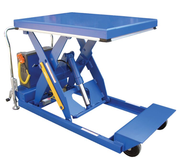 PST-2464-3-58_A.jpg With its blue rectangular surface, the Vestil HD Portable Scissor Lift Table 3K 24X64 showcases sturdy wheels and an intuitive control panel with side cables, while revealing robust mechanical components when lowered.