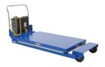 A blue industrial dolly like the Vestil Hd Portable Scissor Lift Table 3K 46 In, featuring a rectangular platform, four black wheels, a rear metal handlebar, and control box with yellow cables. Its flat and sturdy surface is ideal for transporting heavy items efficiently.
