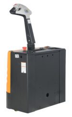 The control unit of the Vestil PST Power Traction Drive System electric pallet truck includes a black vertical handle with multiple buttons, including a red emergency stop. Its compact design and yellow-orange edged base enhance efficiency in warehouse operations.