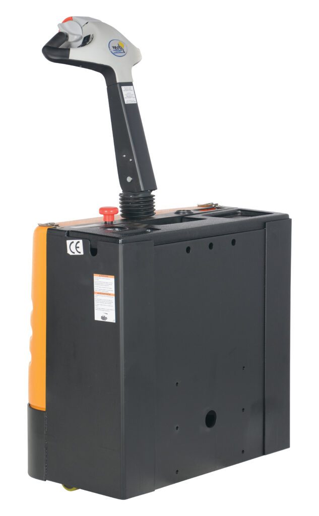 The control unit of the Vestil PST Power Traction Drive System electric pallet truck includes a black vertical handle with multiple buttons, including a red emergency stop. Its compact design and yellow-orange edged base enhance efficiency in warehouse operations.