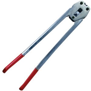 The MH-USA 1/2 Industrial Poly Strapping Sealer complements the sturdy metal bolt cutter, equipped with long handles and red grips for slicing through tough materials like chains or bars.