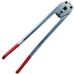 The MH-USA 5/8 Industrial Poly Strapping Sealer has long metallic handles with red grips and partially open jaws, ideal for efficient and precise sealing on tough materials.