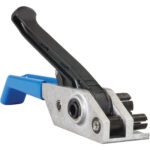 The MH-USA 1/2 -3/4 Deluxe Poly Strapping Tensioner features a silver metal body with a black handle and blue grip, ideal for tightening plastic straps around packages, and is displayed against a white background.