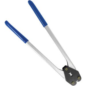 The MH-USA 1/2 Deluxe Poly Strapping Sealer bolt cutters feature long silver handles with blue rubber grips and black cutting jaws for precise cuts.