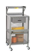 A gray metal mesh storage cart on wheels, similar to a Little Giant Shop Desk, includes a top shelf with a small drawer and warning label, a lockable mesh door, and two inner shelves holding a box and an orange cylinder.