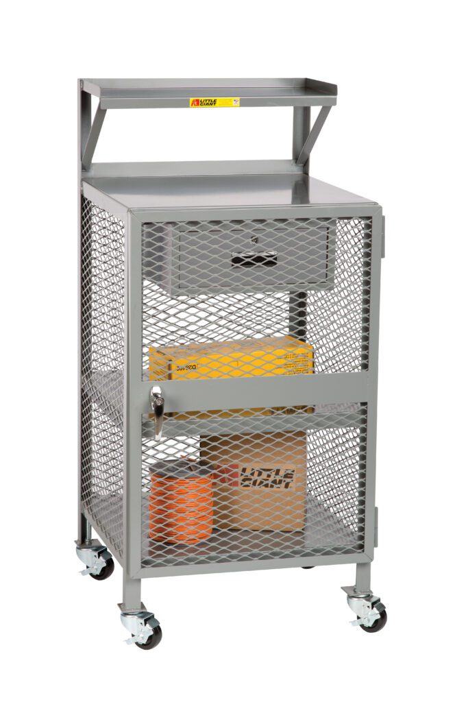 A gray metal mesh storage cart on wheels, similar to a Little Giant Shop Desk, includes a top shelf with a small drawer and warning label, a lockable mesh door, and two inner shelves holding a box and an orange cylinder.