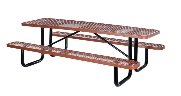 The Vestil Picnic Table Exp Metal Top 3072 Brown features a long rectangular design with perforated metal, two matching attached benches, and sturdy black legs on a white background.
