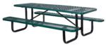 The Vestil Picnic Table Exp Metal Top 3072 Green features a perforated metal surface with rounded edges, attached benches, and sturdy black metal legs, making it ideal for outdoor gatherings.
