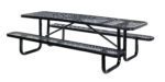 The Vestil Picnic Table Exp Metal Top 3096 Black features a perforated surface with attached benches and is supported by durable, stylish rounded metal legs.