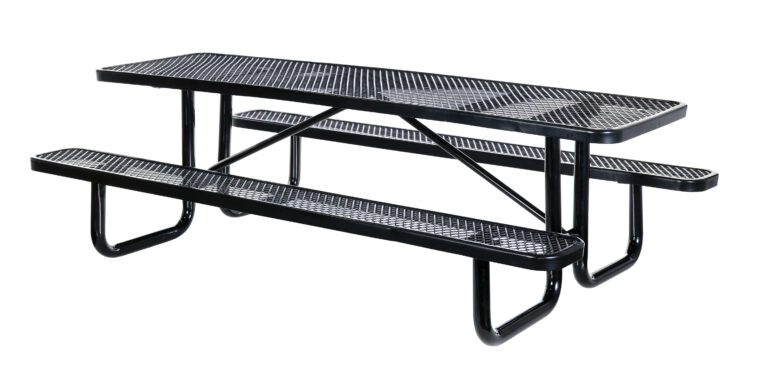 The Vestil Picnic Table Exp Metal Top 3096 Black features a perforated surface with attached benches and is supported by durable, stylish rounded metal legs.