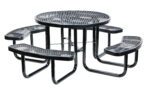 The Vestil Picnic Table Exp Metal features a 46-inch black mesh round top and four attached curved benches. This metal marvel has a shiny finish and is supported by durable tubular legs, making it ideal for outdoor gatherings.