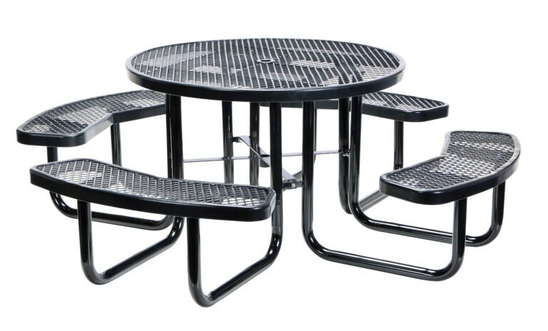 PT-MX-RT-46-BK_A.jpg The Vestil Picnic Table Exp Metal features a 46-inch black mesh round top and four attached curved benches. This metal marvel has a shiny finish and is supported by durable tubular legs, making it ideal for outdoor gatherings.