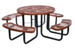 The Vestil Picnic Table Exp Metal Round Top 46 Brown features a 46-inch round, brown expanded metal top with four attached benches and sturdy black legs, offering perforated surfaces that blend functionality and style while allowing seating on all sides.