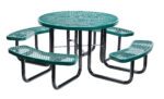 The Vestil Picnic Table Exp Metal Round Top 46 Green has a 46-inch green expanded metal round top with four attached curved benches and robust black metal legs, ideal for outdoor gatherings, and is seamlessly isolated on a white background.