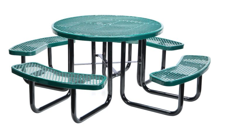 The Vestil Picnic Table Exp Metal Round Top 46 Green has a 46-inch green expanded metal round top with four attached curved benches and robust black metal legs, ideal for outdoor gatherings, and is seamlessly isolated on a white background.
