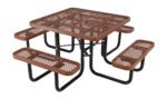 Introducing the Vestil Picnic Table Exp Metal Square Top 4646 Brown, featuring a rich brown finish with four attached benches and a mesh design on the tabletop and seats, all supported by sleek black metal legs.