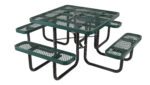 The Vestil Picnic Table Exp Metal Square Top 4646 Green features a mesh design and four attached benches on a robust black metal frame, ideal for outdoor settings.