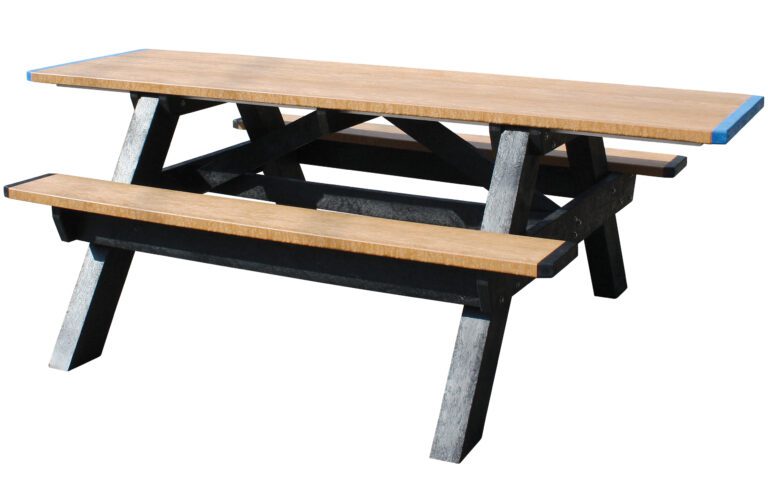 PT-PAF-2896-BKCD-ADA_A.jpg The Vestil Picnic Table Poly Aframe 2896 Bk Leg Cedar Top-Ada features a cedar top with a natural wood finish and blue accents, supported by sturdy black A-frame legs. This ADA-compliant model combines durability and style for any outdoor gathering.