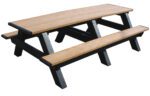 The Vestil Picnic Table Poly Aframe 2896 features a cedar top and benches, supported by black legs in a classic A-frame design—perfect for outdoor use.