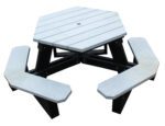 The Vestil Picnic Table Poly Hex 3944 features a hexagonal design with a central umbrella hole, crafted from gray wooden planks supported by sleek black frames, and includes three attached benches.