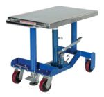 The blue Vestil Low Profile Post Lift Table 1000 Lb features a metallic platform and handle, four caster wheels for mobility, and a foot-operated lever for lifting. It includes a height-adjustable mechanism within its sturdy frame.
