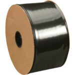 The MH-USA 24 x 725 - 6 Mil Black Poly Tubing (1/Case) is neatly wound around a cardboard core, with glossy black sheeting that reflects light, indicating its unused and ready for diverse applications.