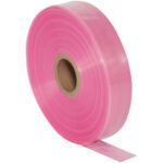 A large roll of pink plastic tape, one end slightly unrolled to show its glossy surface, is wound around a brown cardboard core like the MH-USA 3 x 1075 - 4 Mil Anti-Static Poly Tubing. It stands upright on a white background.