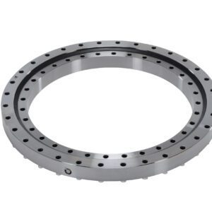The Vestil Precision Turrent Bearing 24.25 In is a large, circular bearing with a silver metallic finish featuring multiple evenly spaced holes on its inner and outer edges for mounting, standing out against the plain white background with its sleek design.