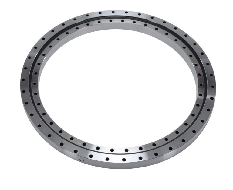 The Vestil Precision Turrent Bearing 32.125 In features a circular metal design with evenly spaced holes and a polished surface, reflecting precision engineering ideal for mechanical or industrial use.
