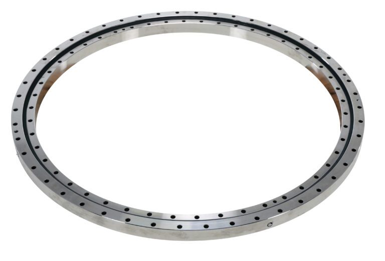 The Vestil Precision Turret Bearing 45.875 In features a large, metallic circular design with two concentric rings and evenly spaced holes. Its smooth, reflective surface typifies a well-machined industrial component suited for mechanical assemblies.