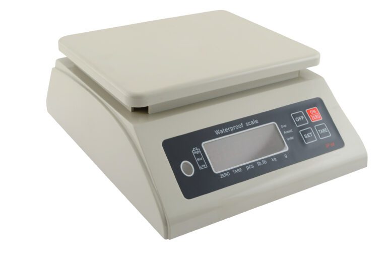 The Vestil Plastic Parts Scale 66 Lb Capacity features a waterproof digital design with a flat platform, sleek control panel, ON/OFF and TARE buttons, and a display screen for precision. The light gray scale accommodates up to 66 lbs and is currently off.