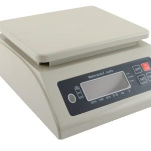 The Vestil Plastic Parts Scale 66 Lb Capacity features a waterproof digital design with a flat platform, sleek control panel, ON/OFF and TARE buttons, and a display screen for precision. The light gray scale accommodates up to 66 lbs and is currently off.