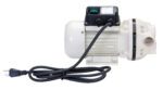 The Vestil Electric Def Pump 115V AC 9 GPM has a white ribbed cylindrical casing, a black power cord and plug, a black control box with a green button for easy use, delivering efficient performance.