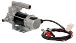 The Vestil Electric Diesel Pump Up To 12 GPM, featuring a black and silver cylindrical body on a sturdy stand, comes with attached cables and red/black alligator clips for efficient liquid transfer through its ports.