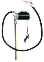 The Vestil Elec Oil Pump High Flow 8 GPM 115V AC features a sleek black motor housing, long metal intake tube, and flexible hose with nozzle and red valve, ensuring efficient fuel transfer and consistent operation with its power cord.