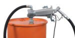 The Vestil Fuel Pump Electric can deliver up to 15 GPM using a 12V DC motor. It features an orange metal drum with a metallic, angled trigger nozzle, black hose, and cable.