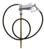 The Vestil Fuel Pump Ele Hd Up To 20 Gpm 12V Dc is displayed with a coiled black hose and a nozzle against a white background, featuring a brass-colored tube for efficient fuel delivery.